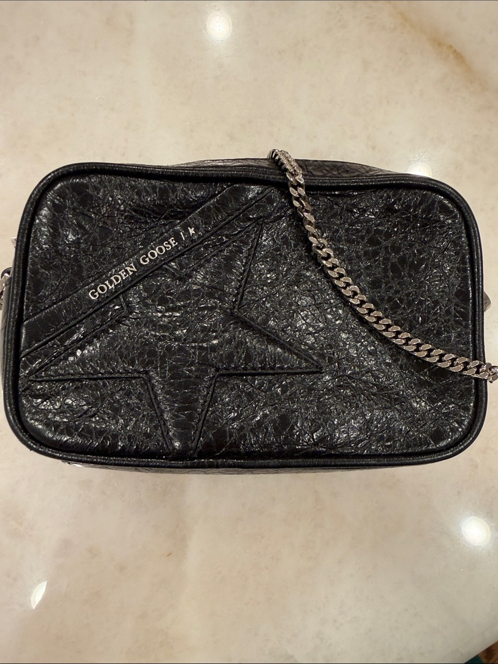 Unused Golden Goose Black Crinkled Leather Star Crossbody with Silver Chain